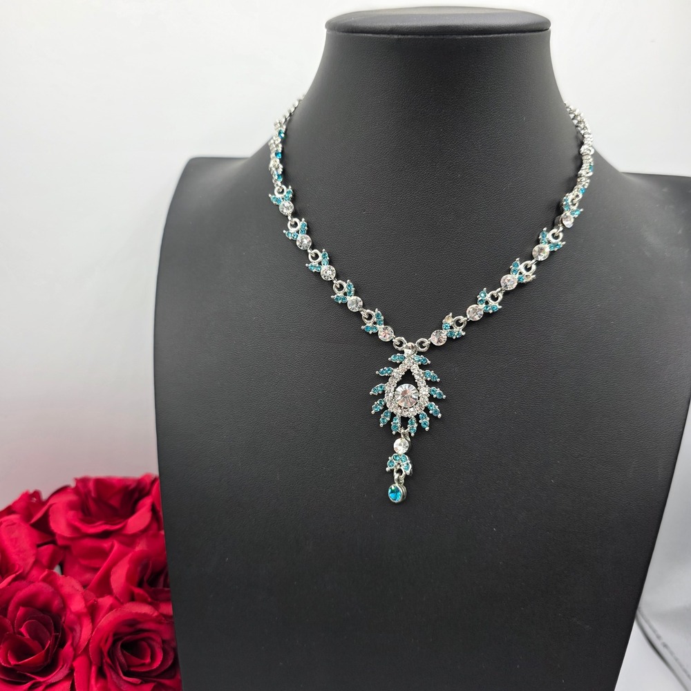 Silver Tone Turquoise Clear Rhinestone Statement Drop Necklace Prom Wedding 18in